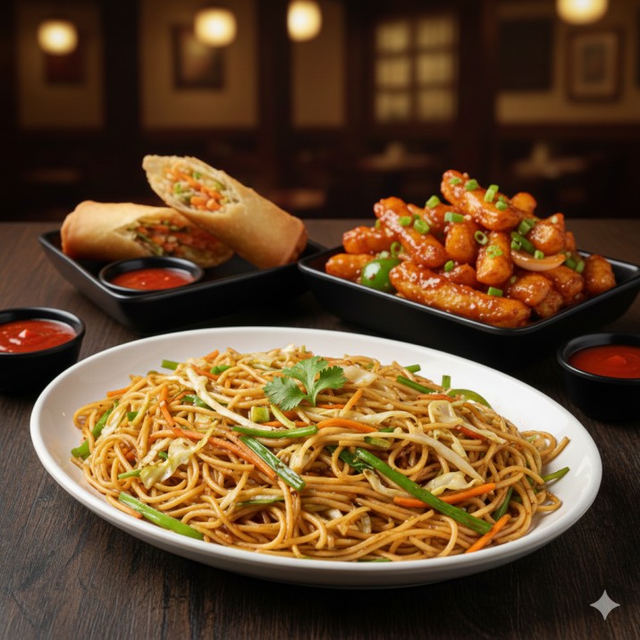 Veg Noodles and Chilli Potato and Spring Roll